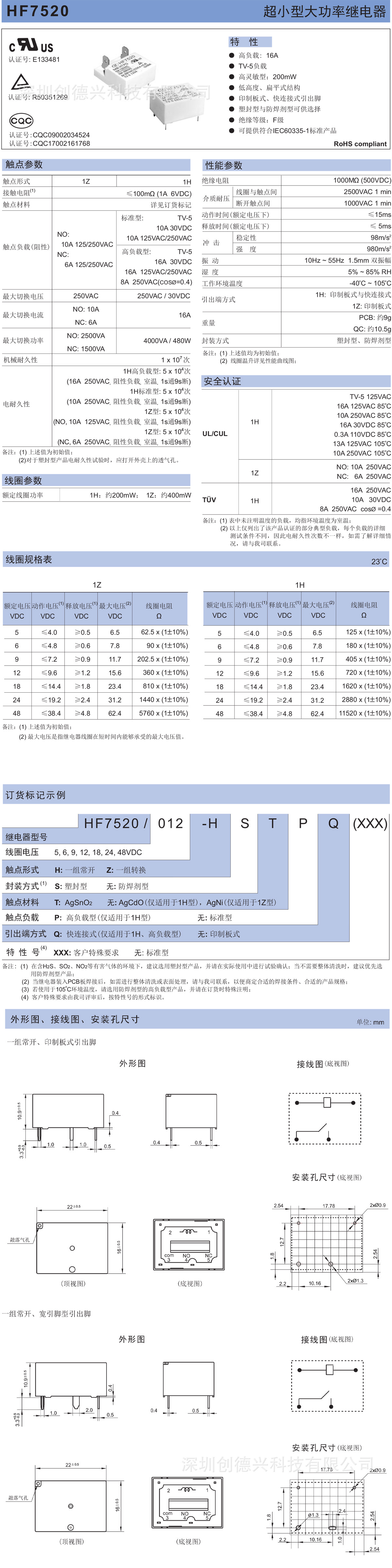 深圳创德兴科技批发代理销售宏发继电器HF7520