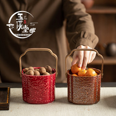 中式陶瓷水果提篮婚庆子孙桶家用茶点盘收纳桶喜饼客厅点心盘冰桶