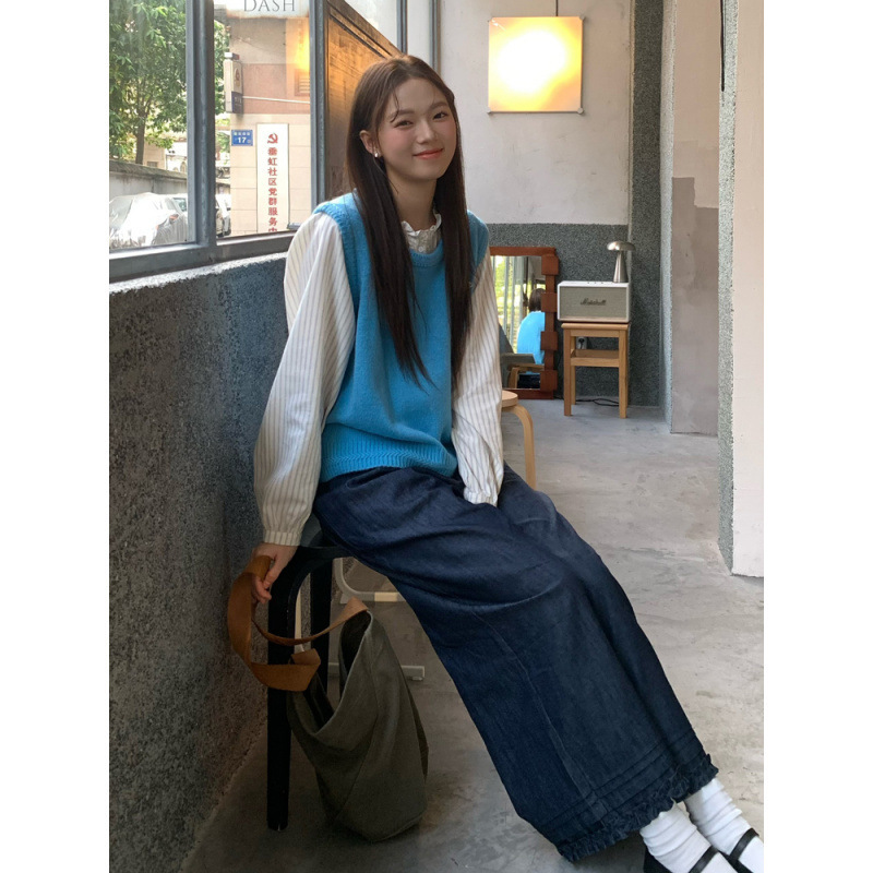 灰色条纹木耳花边领宽松百搭衬衫设计感蕾丝拼接刺绣打底上衣衬衣|undefined