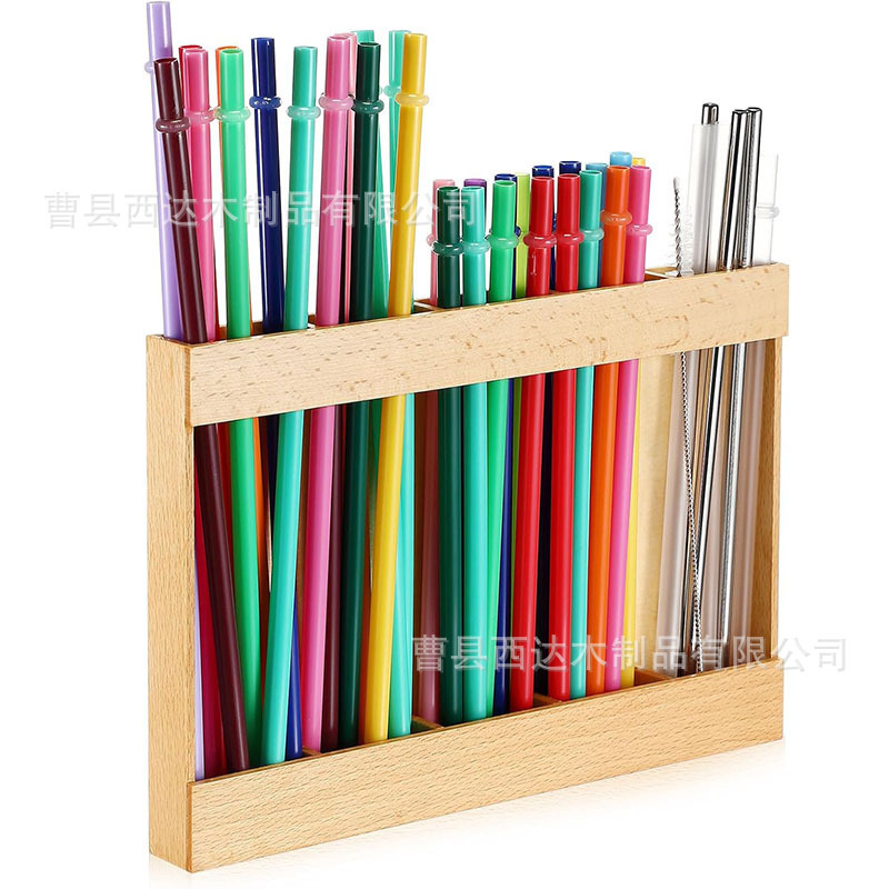 Spot Wooden Straw Storage Rack with Double-Sided Tape Tumbler Straw Storage Box Multi-Grids Wooden Kitchen Counter Rack