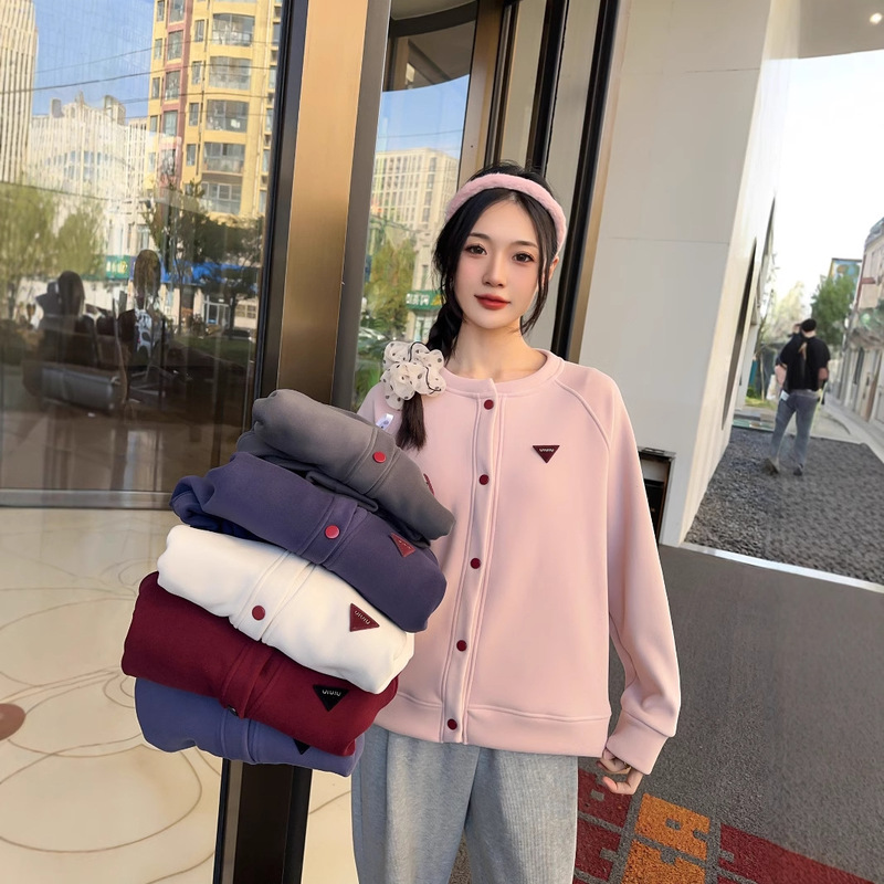 Fleece Autumn and Winter Thickened Cold-proof Casual Cardigan All-match Loose Simple Button Coat Autumn and Winter plus size Women's Top