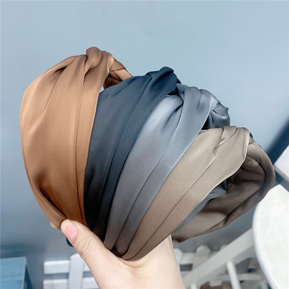 B059-1 Simple Solid Color Knot In The Middle Headband Sweet Temperament Wide-edged Headdress Satin Cross Cloth Headband Female display picture 1