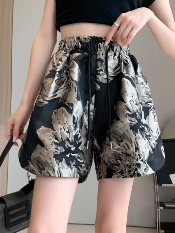 Fashionable Thin Wide-Leg Shorts for Women in Summer High-Waisted Retro Printed Casual Pants Versatile Straight Pants Hot Pants Trendy and Fashionable