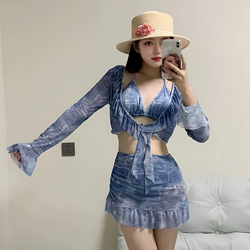 Swimwear, split sexy set, long-sleeve, internet celebrity, (Cross-border trading), 4 piece set, fitted, sun protection