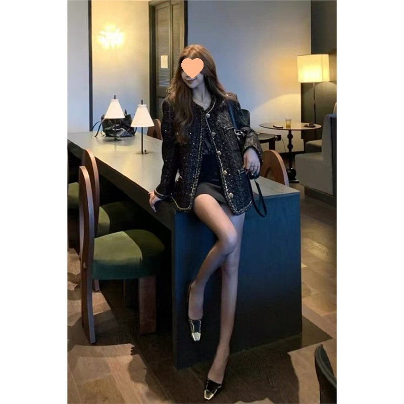 2024 Autumn Black Gold Roman Fashion Elegant Light Luxury High-End Tweed New Chanel-Style Blouse