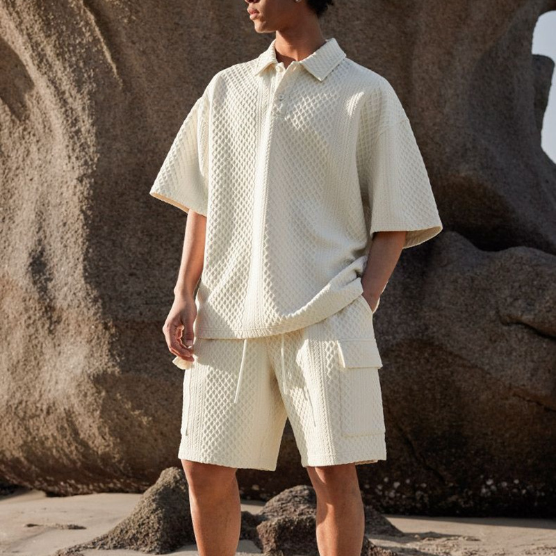 Texturizado polo con solapa de manga corta, hombre de verano, camiseta deportiva casual, chaqueta grande, tendencia suelta