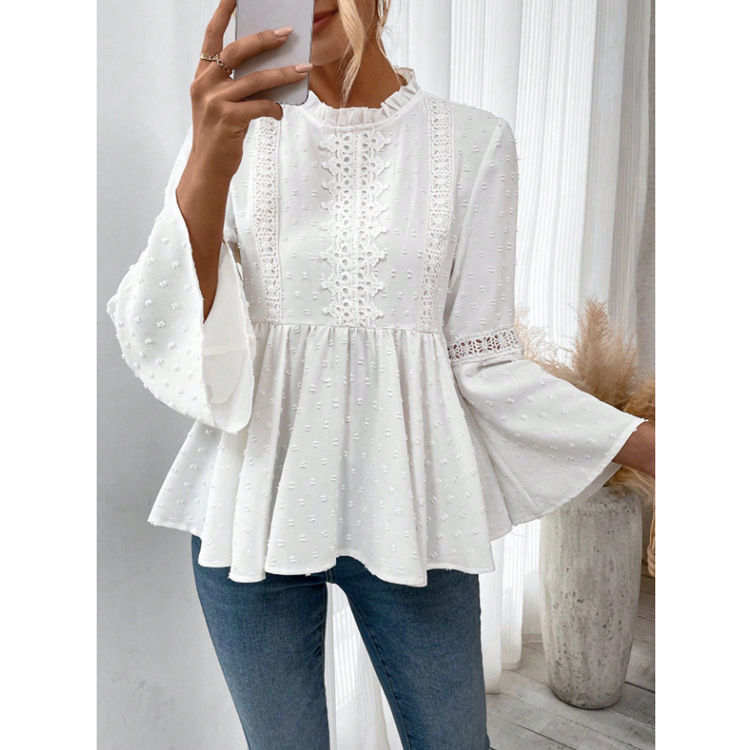 Amazon's 2025 New Cross-Border European and American Solid Color Lace Casual Fashion Bell-Sleeve Women's Shirt
