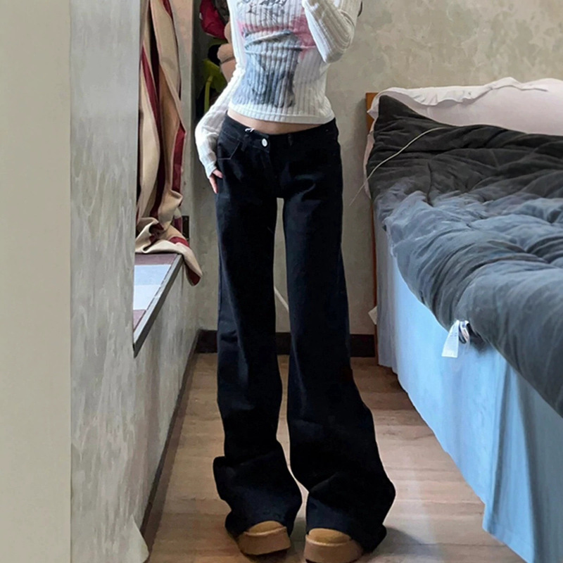 Trendy low-waist black wide-leg flared jeans for women, new spring-summer style, loose fit, slimming, versatile, bell-bottomed, floor-length pants Trendy low-waist black wide-leg flared jeans for women, new spring-summer style, loose fit, slimming, versatile, bell-bottomed, floor-length pants