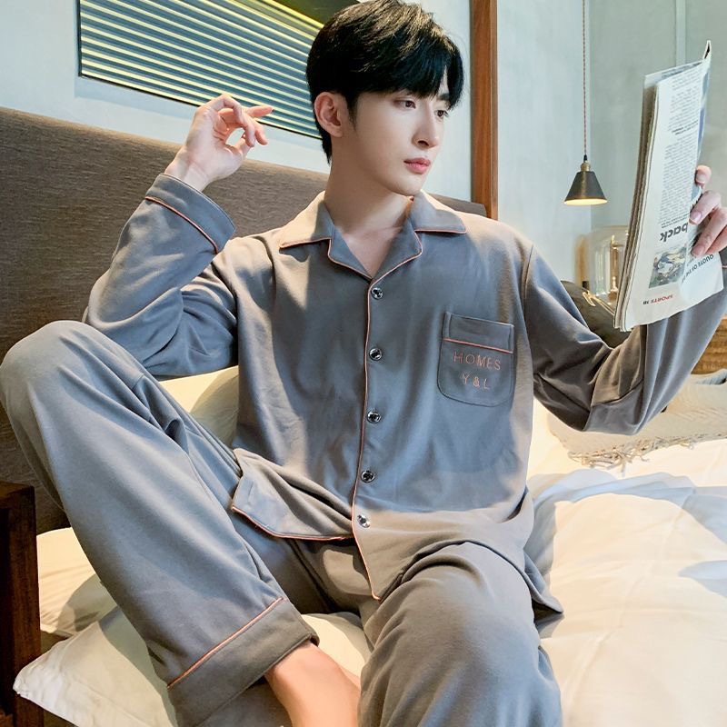 2026 New Style Pajamas for Men, Spring and Autumn Pure Cotton Long-Sleeved Youth Men's Autumn and Winter Home Wear Set