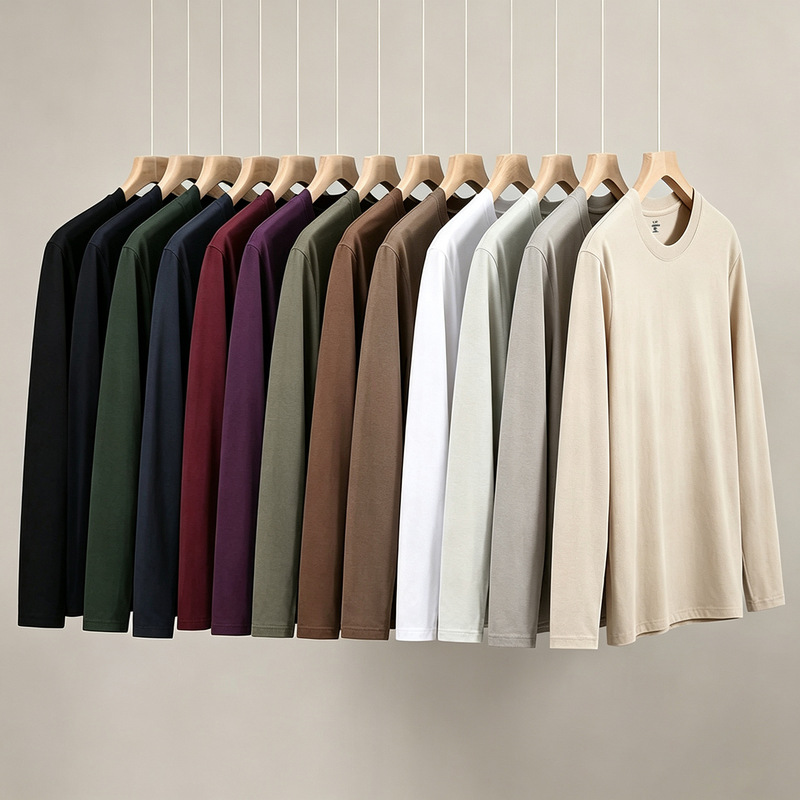 230g Xinjiang Combed Cotton Heavyweight Round Neck Solid Color Long Sleeve Unisex Basic T-Shirt Loose Fit Pure Cotton Base Shirt 230g Xinjiang Combed Cotton Heavyweight Round Neck Solid Color Long Sleeve Unisex Basic T-Shirt Loose Fit Pure Cotton Base Shirt