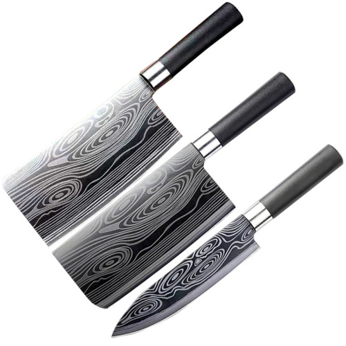 Home Stainless Steel Damascus Pattern Laser Engraved Chef's Knife, Slicing and Bone Cutting Set, Complete Kitchen Knife Gift Set