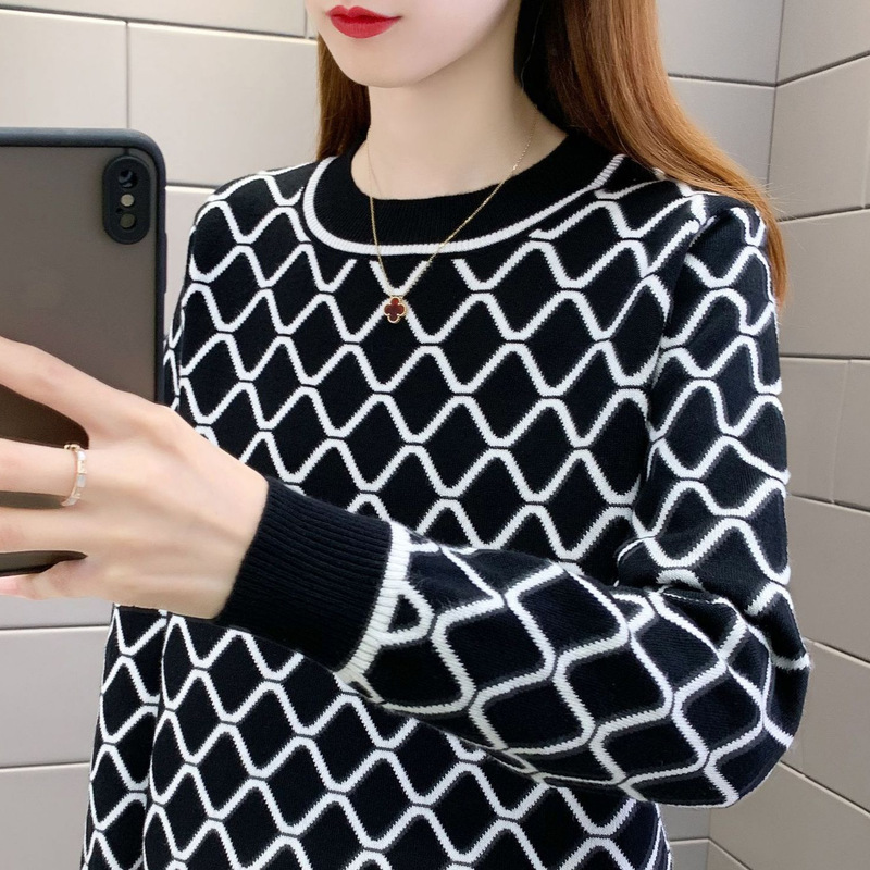Spring, Autumn, and Winter Women's New Fashion Color-Blocking Loose Round-Neck Slim-Fit Versatile Pullover Sweater Diamond-Patterned Knitwear Long-Sleeve
