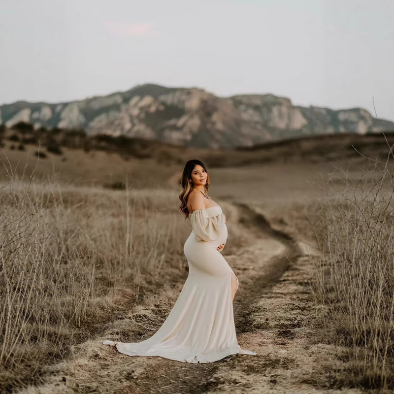 European and American Women's Milk Silk Tube Top Skirt with Chiffon Puff Sleeves Pregnant Women's Fluttering Tail Skirt Photography Suit 1264 European and American Women's Milk Silk Tube Top Skirt with Chiffon Puff Sleeves Pregnant Women's Fluttering Tail Skirt Photography Suit 1264