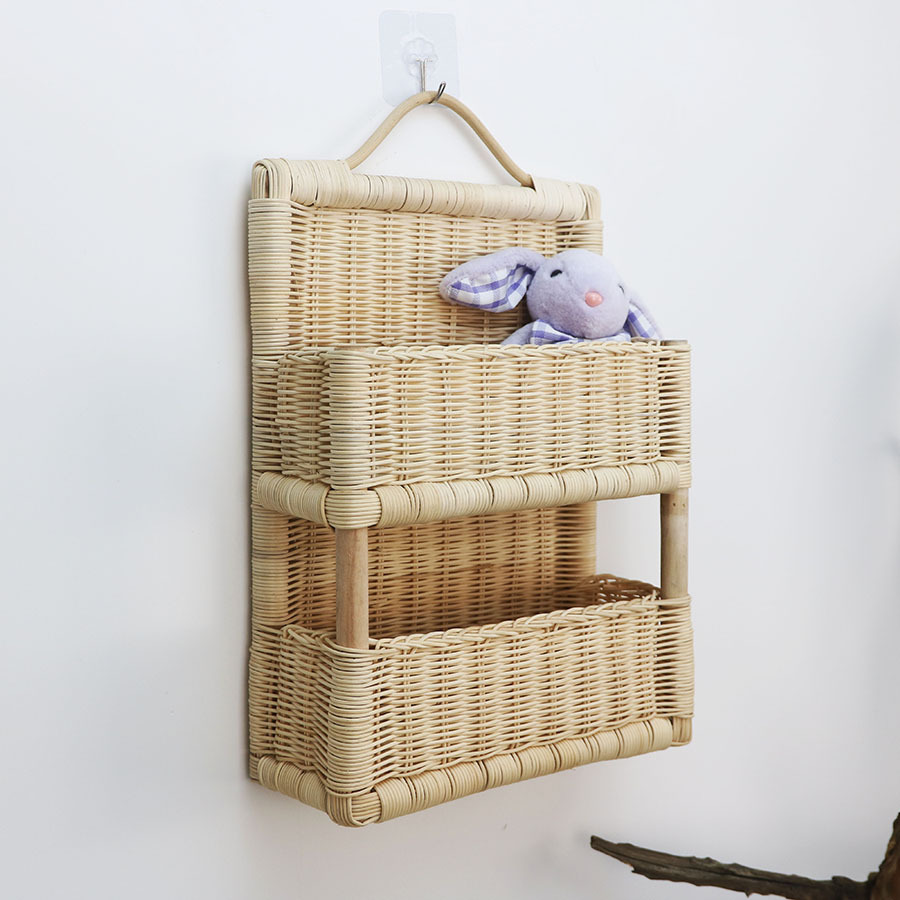 Cesta colgante de pared de ratán de estilo nórdico B & B cesta de almacenamiento decorativa caja de almacenamiento tejida a mano madera maciza cesta de almacenamiento de doble capa