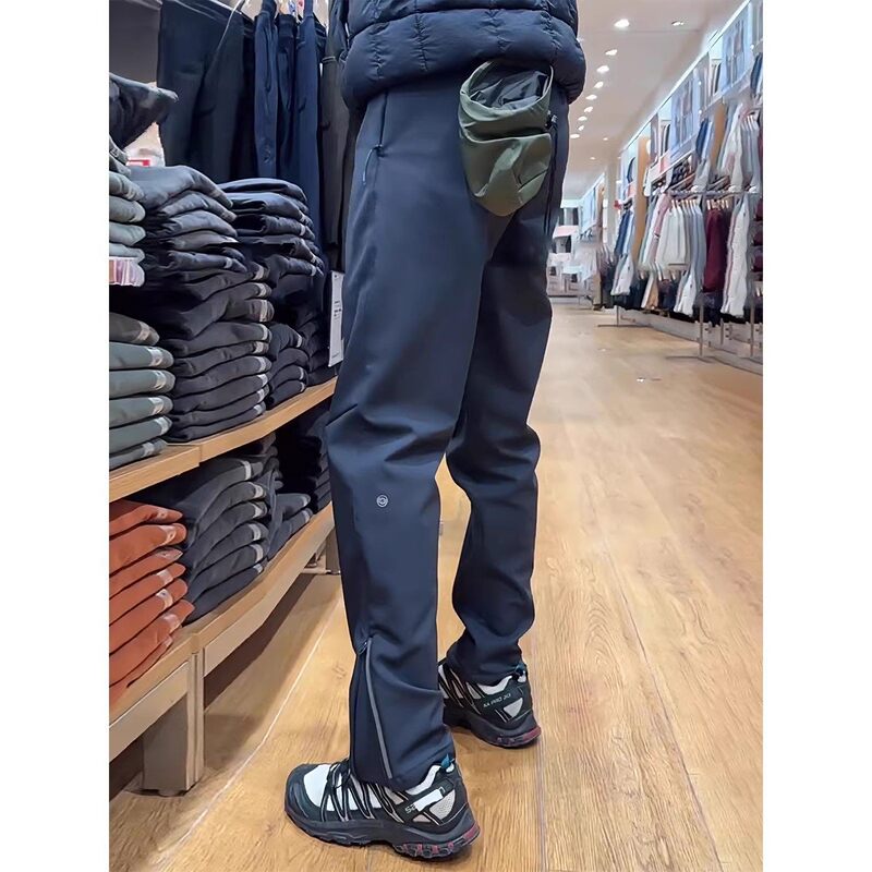 Side Zipper Softshell Tapered Hiking Pants for Men, Autumn and Winter Outdoor Quick-Dry Sports Pants, Straight-Leg Casual Pants