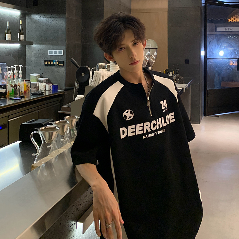 Black and White Patchwork Letter T-Shirt for Men, American Style, Half-Zip Biker Short Sleeve, Summer Trendy Brand, Heavyweight Quarter Sleeve