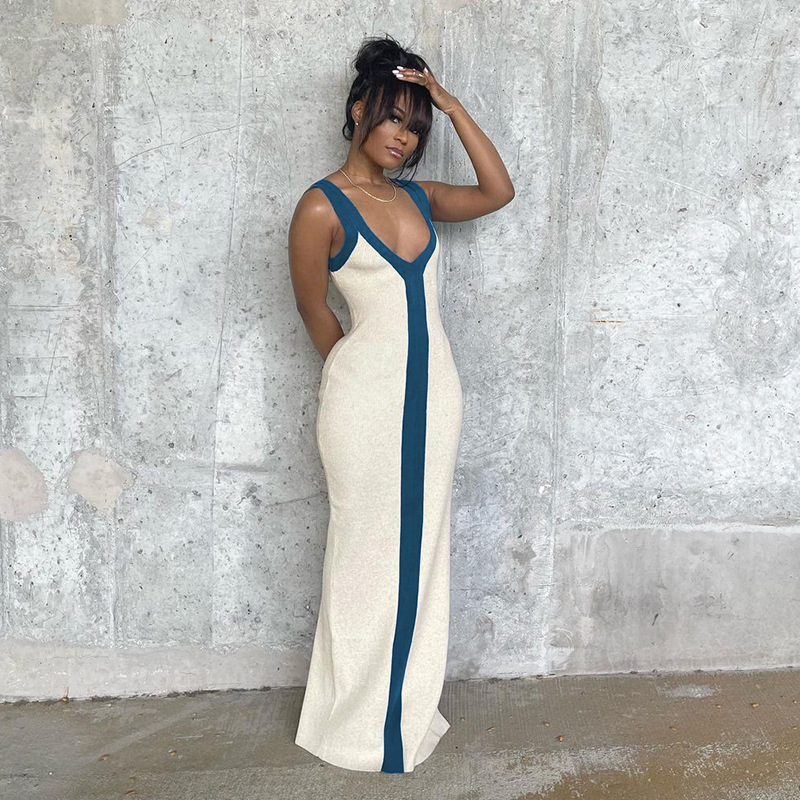 Women's Sheath Dress Vintage Style V Neck Contrast Binding Sleeveless Color Block Maxi Long Dress Daily display picture 8