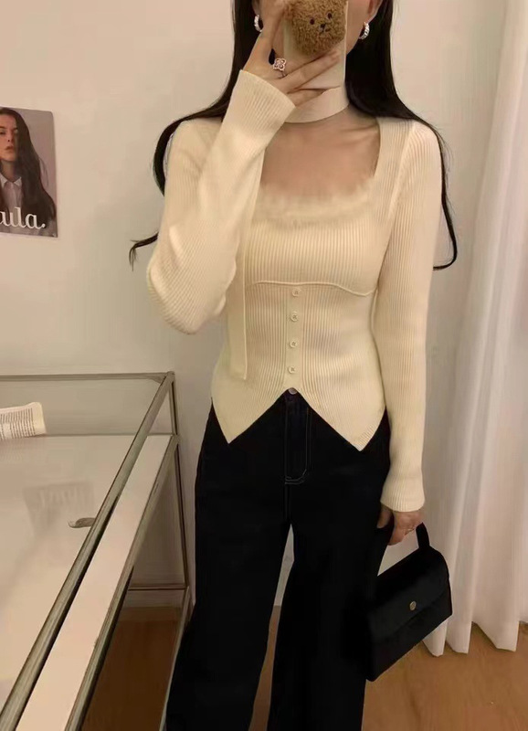 秋冬法式毛毛拼接修身打底针织衫挂脖飘带纯欲小心机掐腰毛衣女|undefined