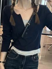 撞色V领假两件打底衫女春秋冬季美式辣妹修身长袖t恤小众显瘦上衣
