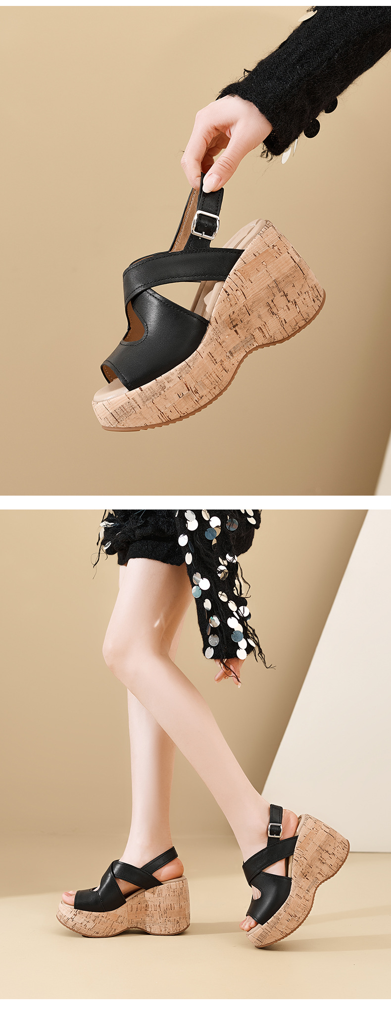 Sandal cao gót nữ hở mũi đế xuồng platform da bò thật quai chéo kiểu La Mã — màu đen, màu nâu nhạt chi tiết 10