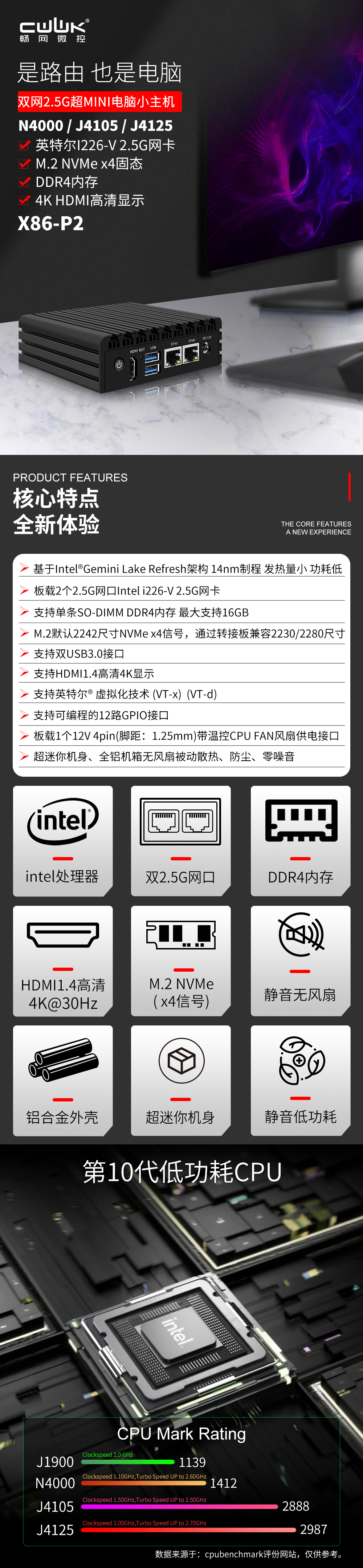 畅网X86-P2软路由N4000/J4105/J4125迷你主机6W低功耗四核四线程-阿里巴巴
