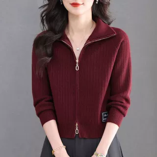 高档桑蚕丝双拉链翻领毛衣外套女春秋季外搭上衣宽松休闲针织开衫