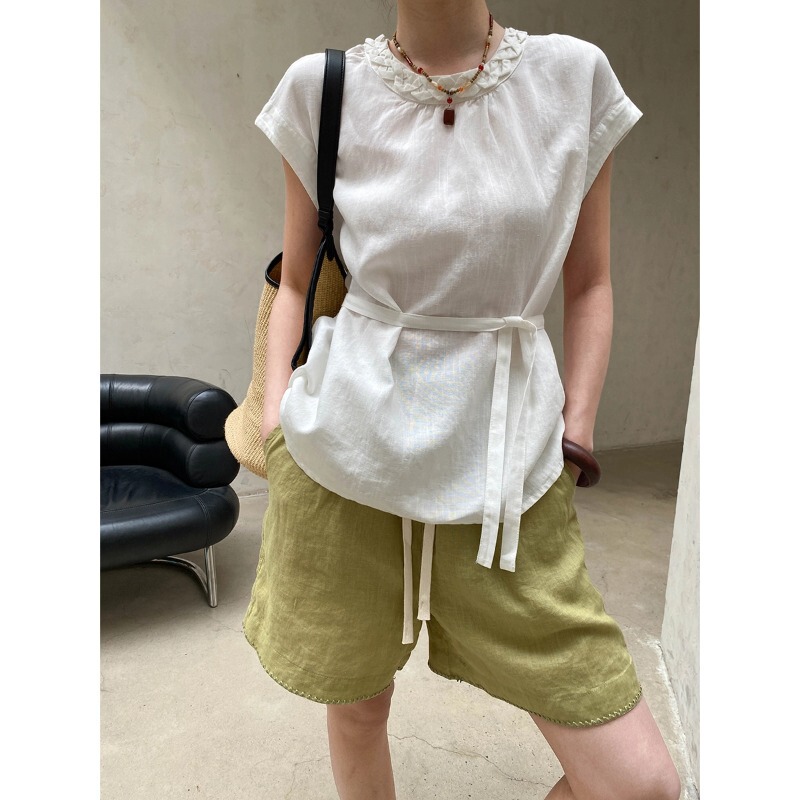 Sinnan Light Oxygen Holiday Tencel Linen Design Woven Collar Tie-Waist Shirt Short Sleeve Sn8943
