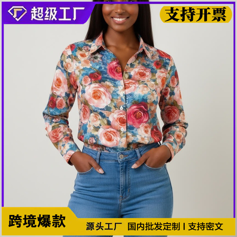 2026 New Cross-Border Foreign Trade 90S Hong Kong Style Women's Shirt Red Retro Floral Long-Sleeve Designer Shirt