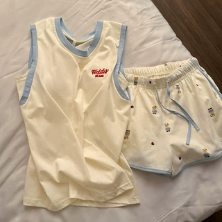 卡通可爱小熊睡衣女款夏季新款无袖背心短裤带胸垫夏天家居服套装