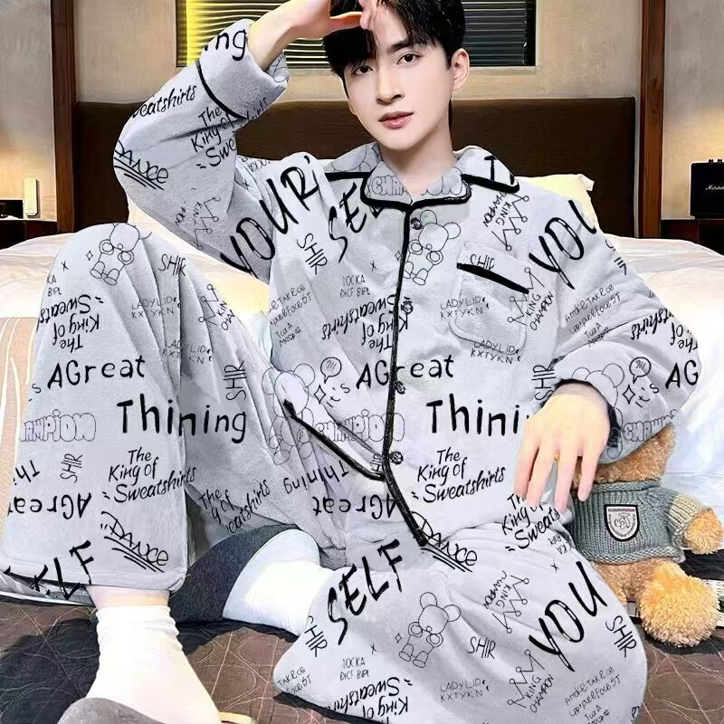 Cardigan Men's Flannel Pajamas Autumn and Winter New Youth Plus Velvet Thickened Cartoon Casual Home Clothes Set