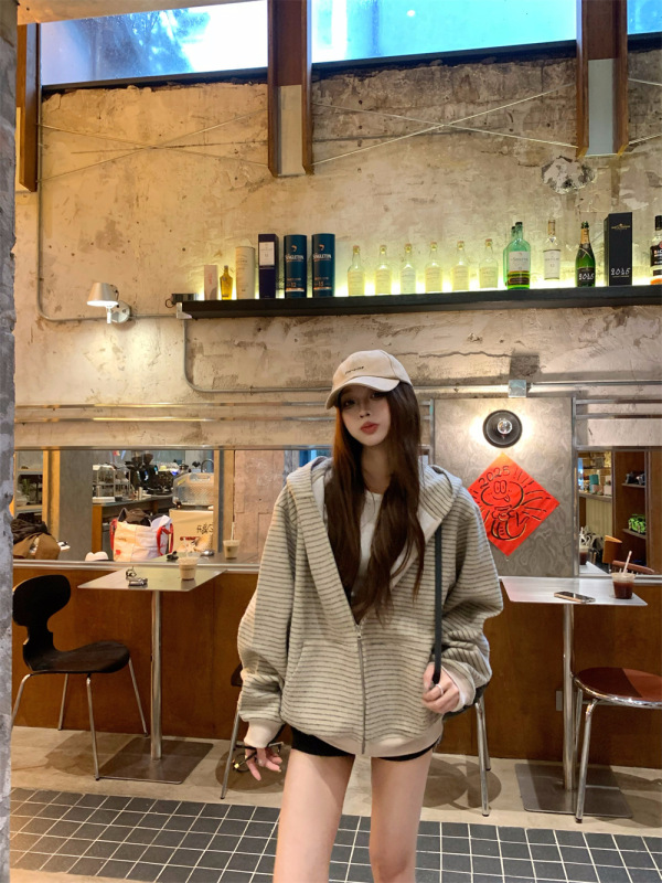 美式复古撞色条纹连帽卫衣女秋季慵懒风宽松休闲百搭长袖开衫外套|undefined