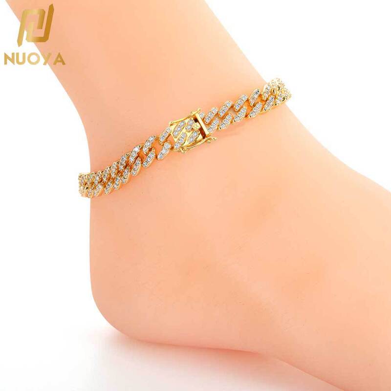 European and American hip hop 9mm single row zircon Cuban anklet copper inlaid zircon real gold electroplated hiphop men's and women's anklet