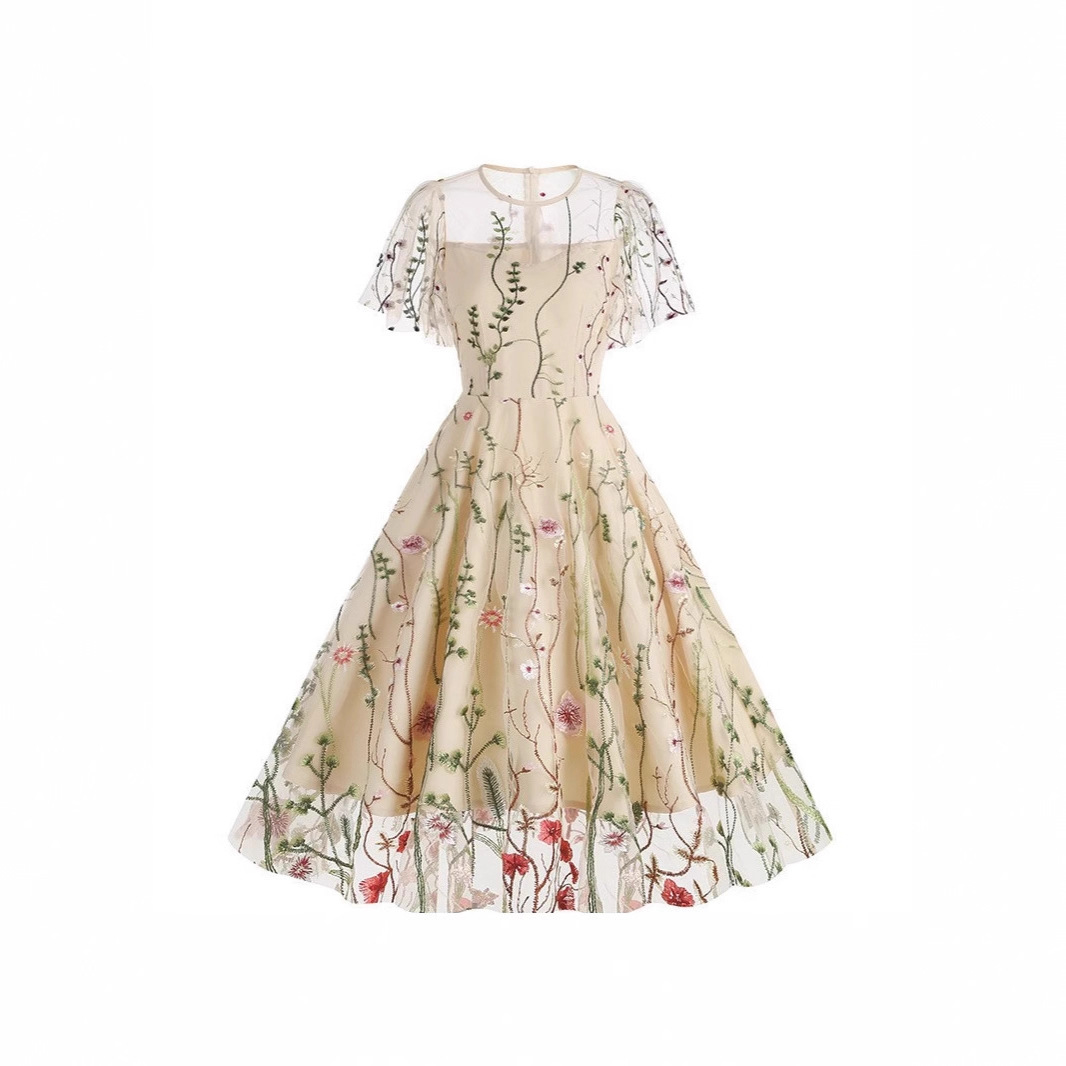 2025 New Amazon European and American Cross-Border Round Neck Short-Sleeved Heavy Mesh Embroidered Dress Retro Dress 8235