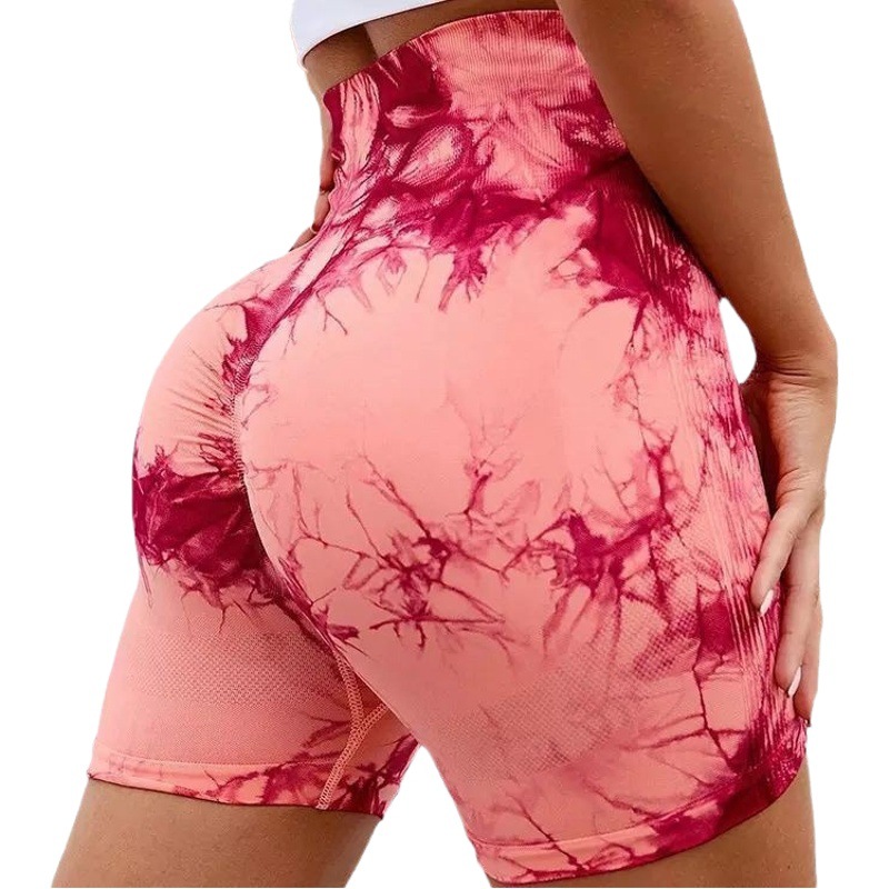 Pantalones cortos deportivos para fitness al aire libre para mujer, pantalones de tres puntos con efecto "peach butt", pantalones de yoga teñidos anudados, pantalones cortos de yoga de secado rápido, ajustados y de alta elasticidad.