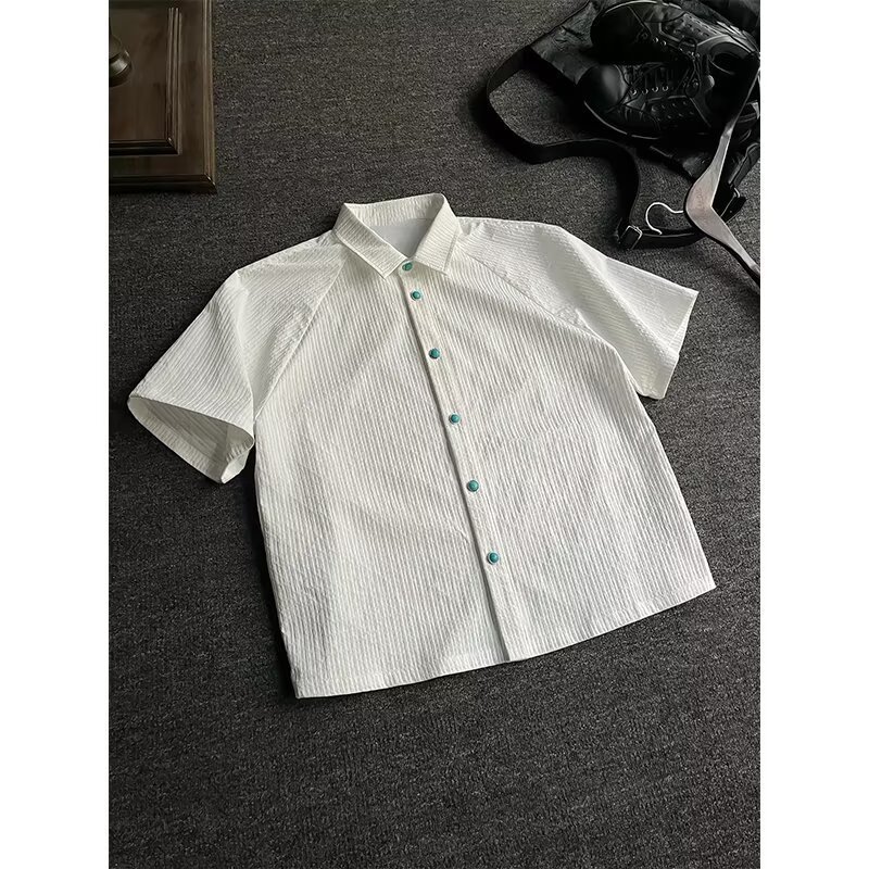 Cross-Border Export Summer Men's Shirt Old Money Style Boxy Version Short-Sleeved Turquoise Cleanfit Shirt Jacket