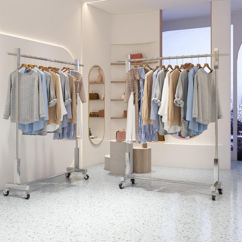 Stainless steel display rack clothing store floor-to-ceiling hanger drying rack live room mobile island rack coat rack