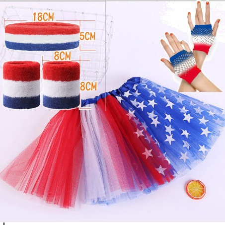 Nuevos accesorios de traje del Día de la Independencia de EE. UU. Falda tutú para adultos, hebilla para el cabello, pulsera, guantes de red, accesorios de vestir