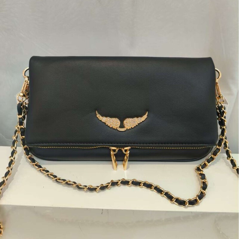 Cross-Border Foreign Order Black Zv Wings Hot Diamond Women's Bag Pu Metal Chain Bag Cross-Border Foreign Order Black Zv Wings Hot Diamond Women's Bag Pu Metal Chain Bag