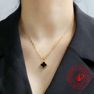 欧伊尼新款双面四叶草吊坠925纯银镶玛瑙项链女轻奢高级感 毛衣链