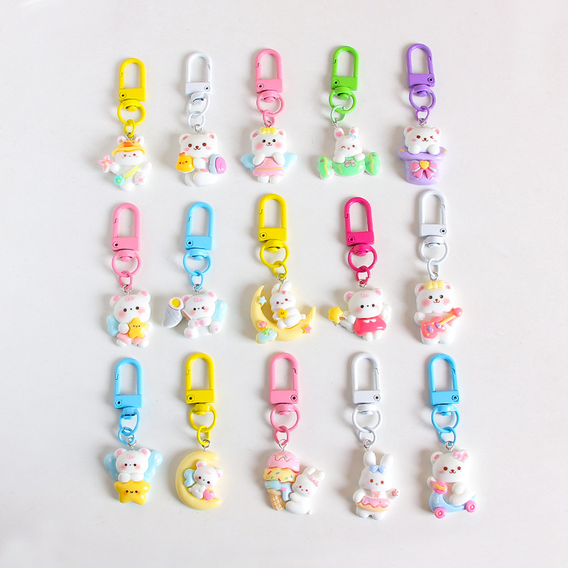 Lindo bolsa de conejito kindergarten adornos resina oso llavero colgante estudiante mochila pequeños regalos