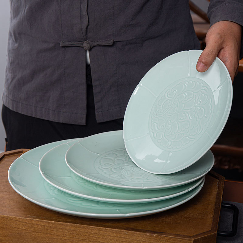 Jingdezhen 노래 스타일 청자 얕은 접시 가정 접시 중국식 상업용 뼈 접시 창조적 인 디스플레이 접시 호텔 예술적 개념 식기