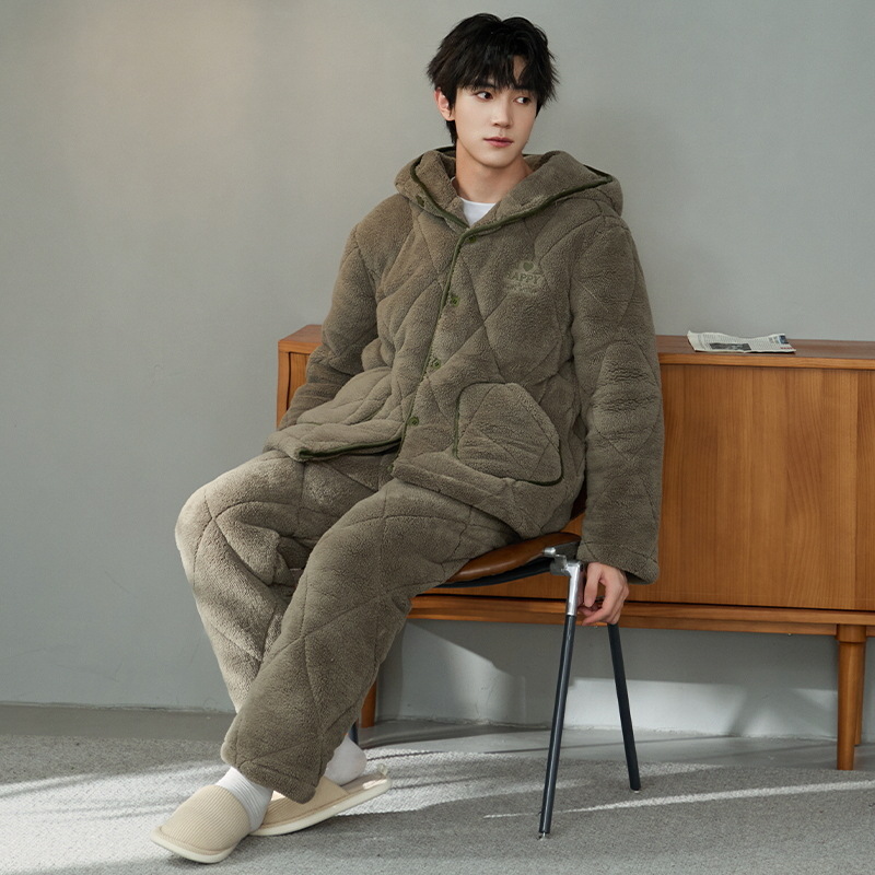 Pijama de hombre para hombre 2024 invierno encapuchado tres capas de algodón intercalado de mangas largas con camisa gruesa se puede usar en el exterior conjunto de ropa de casa