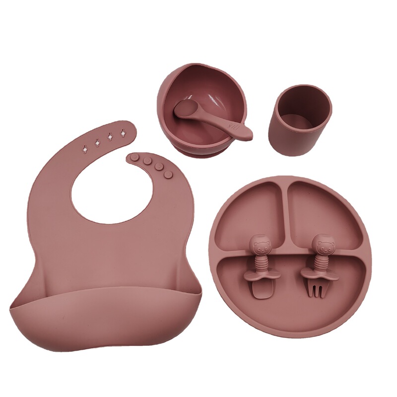 Aliexpress Best-Selling Silicone Children's Feeding Tableware Set, Eating Bib, Baby Suction Bowl, Plate, and Complementary Food Tray