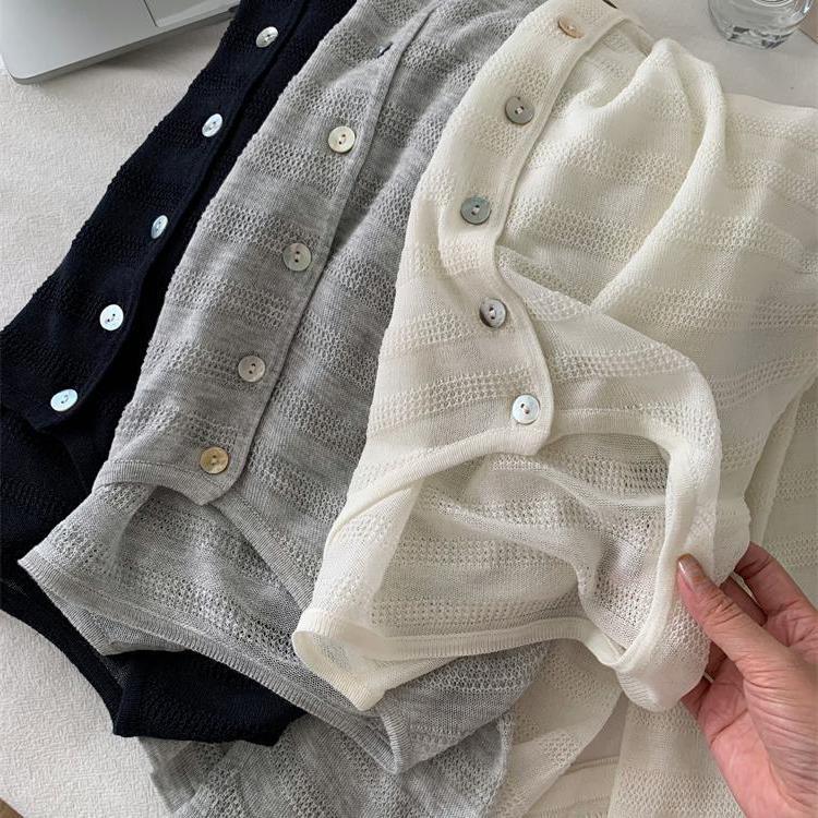 Early Autumn Lazy Linen Knitted Shell Button Cardigan Women's Striped Jacquard Tencel Crewneck Jacket Slim-fit All-match