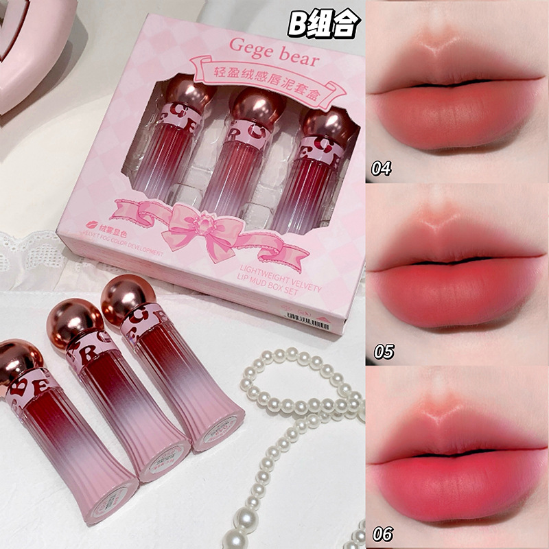 Gegebear, suave, polvo labial, niebla, terciopelo mate, no es fácil de tocar, maquillaje, lápiz labial blanqueador, cosméticos