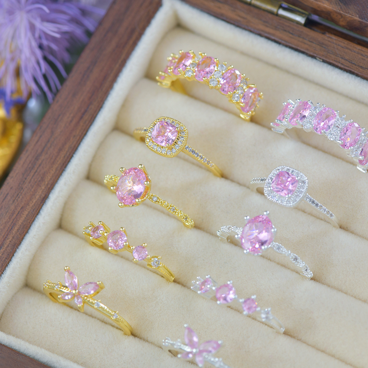 C619 French Design Pink Zircon Girly Style Exquisite and Versatile Full Diamond Zircon Open Ring for Daily Niche Students