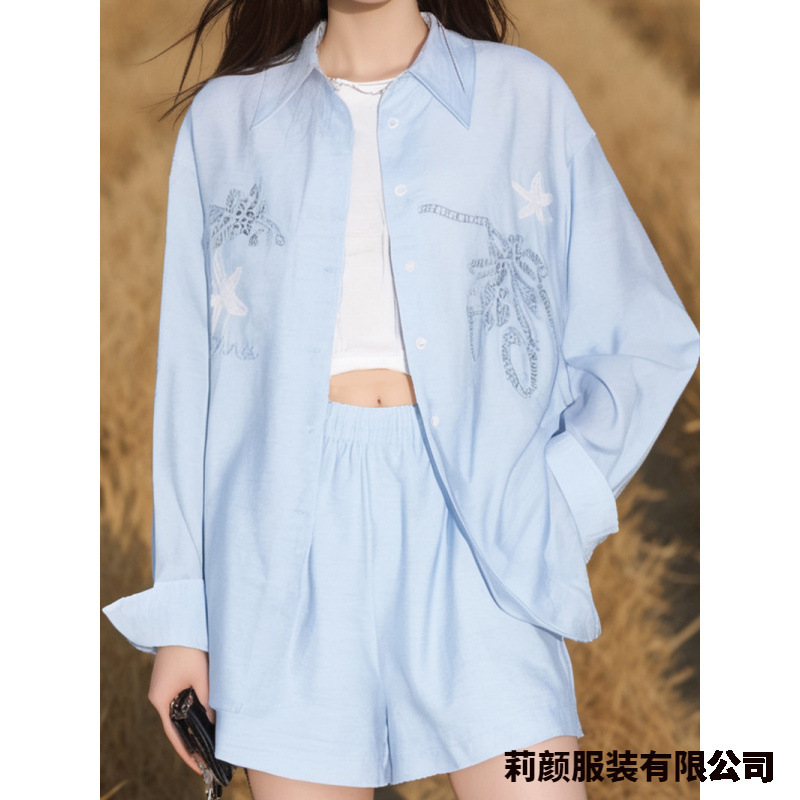 2025春夏季新款复古刺绣休闲套装设计感衬衫短裤两件套运动两件套|undefined