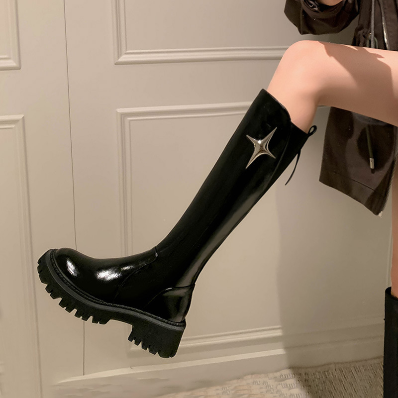 Leather black brown high boots platform