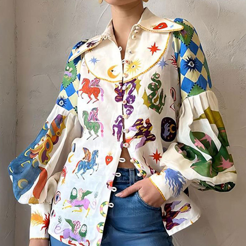Camisa de mujer con solapa y estampado de estilo elegante para el verano 2026, nueva colección transfronteriza europea y americana, estilo casual para el trabajo. image 5