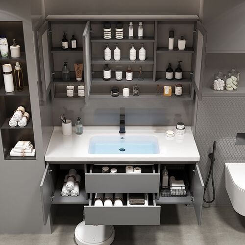 Nano-rock integrated solid wood bathroom cabinet bathroom hand wash basin cabinet combination wash table smart mirror rock plate